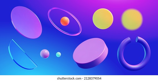 Set of 3D geometric elements including round discs, balls, glass, and ring isolated on blue background