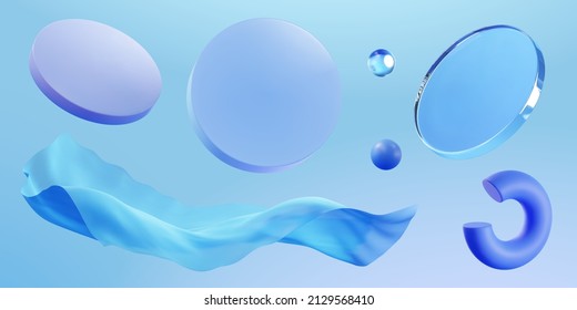 Set Of 3D Geometric Elements Including Round Discs, Balls, And Wavy Fabric Isolated On Blue Background