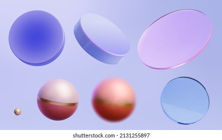 Set 3D geometric elements including round discs  balls    glass isolated light purple background