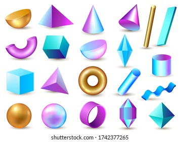 Conjunto de elementos de diseño geométrico multicolor 3d sobre un fondo blanco. Ilustración vectorial.