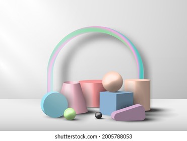 Set of 3D geometric object pastel color display on white background. Vector illustration