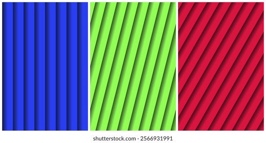 Set of 3d geometric patterns. Bright stripes background. Endless vector design.