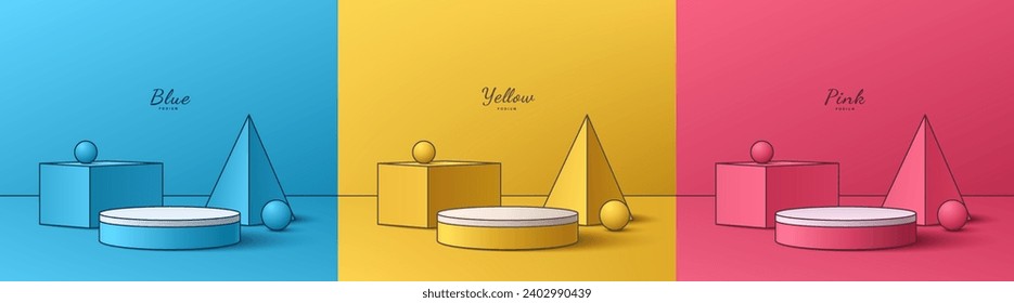 Set of 3D geometric podium background with yellow, pink and blue in cartoon comic manga style. Abstract minimal mockup product display presentation, Stage showcase. Platforms vector geometric design.