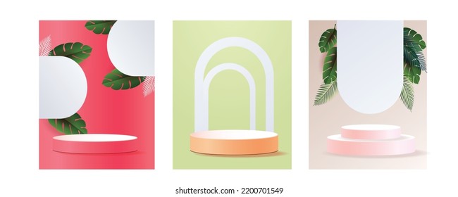 set 3d geometric podium mockup leaf tropical netural concept for showcase green background Abstract minimal scene product presentation