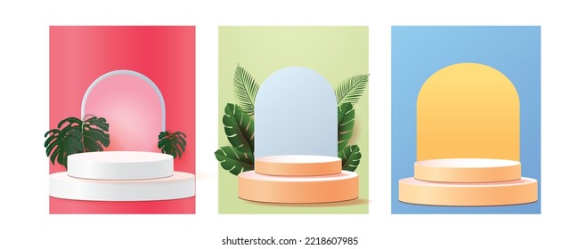 set 3d geometric podium mockup leaf tropical netural concept for showcase green background Abstract minimal scene product presentation