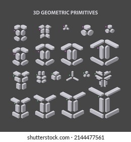 Set of 3d geometric primitive shapes for combination in construction. Vector illustration.