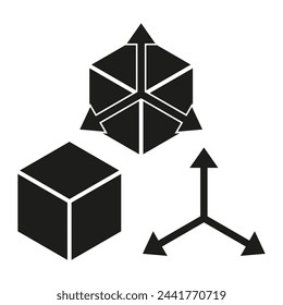 Gruppe von 3D-Symbolen für geometrische Formen. Würfel- und Tetraederfiguren. Richtungsachsensymbol. Vektorgrafik. EPS 10.