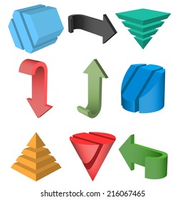 Set of 3D Geometric Shapes and Arrows, Vector Illustration