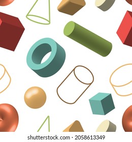 Satz geometrischer 3D-Formen, hellfarbiges, nahtloses Muster einzeln auf weißem Hintergrund. Vektorgrafik-Illustration