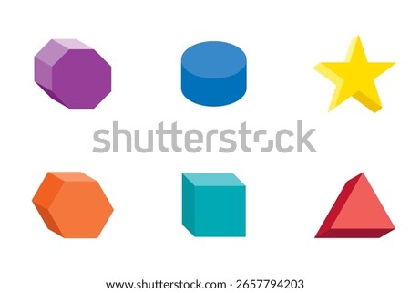 Set of 3D Geometric Shapes Colorful Isometric Objects
Basic Primitives Collection  Cube, Cylinder, Star Vector
