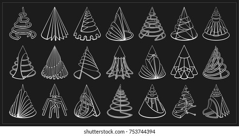 Set of 3D geometric shapes cone designs. Outline objects isolated on black background. Vector collection  
