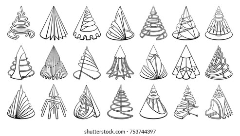 Set of 3D geometric shapes cone designs. Outline objects isolated on white background. Vector collection 