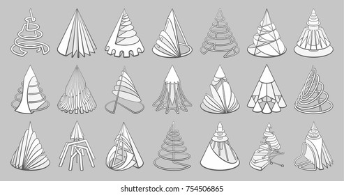 Set of 3D geometric shapes cone designs. Outline objects isolated on grey background. Vector collection 