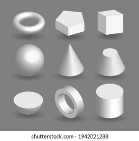 Set of 3D geometric shapes. Cube, cylinder, sphere, cone, ring, torus. White volumetric figures isolated on grey background. Vector illustration.