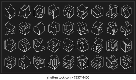 Set of 3D geometric shapes cube designs. Outline objects isolated on black background. Vector collection 