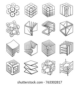 Set of 3D geometric shapes cube designs. Outline objects isolated on white background. Vector collection 