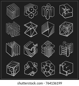 Set of 3D geometric shapes cube designs. Outline objects isolated on black background. Vector collection 