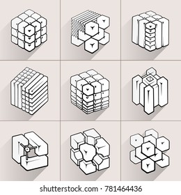 Set of 3D geometric shapes cube designs. Outline objects isolated on gray background. Vector collection 