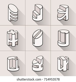 Set of 3D geometric shapes cylinder designs. Outline objects isolated on gray background. Vector collection 