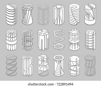 Set of 3D geometric shapes cylinder designs. Outline objects isolated on gray background. Vector collection 
