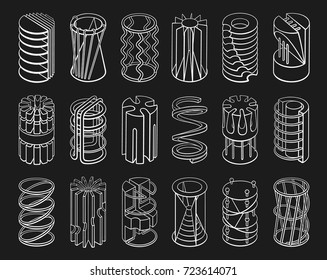 Set of 3D geometric shapes cylinder designs. Outline objects isolated on black background. Vector collection 
