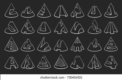 Set of 3D geometric shapes cylinder designs. Outline objects isolated on black background. Vector collection 