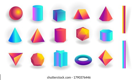 Set of 3d geometric shapes and editable strokes with holographic gradient isolated on white background, tetrahedron, figures, polygon primitives, maths and geometry, vector illustration