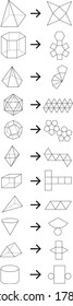 Set of 3D geometric shapes. Isometric views. The science of geometry and math. Linear objects isolated on white background. Outline. Vector illustration.