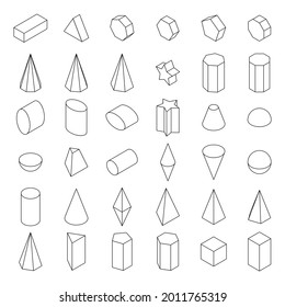 Set of 3d geometric shapes. Isometric view. Linear shapes for education, geometry and mathematics. Isolated vector illustration on white background.