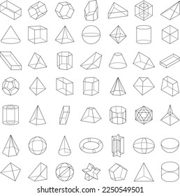 Set of 3D geometric shapes. Isometric views. The science of geometry and math. Linear objects isolated on white background. Outline. Vector illustration.