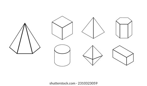 Set of 3D geometric shapes. Isometric outline views. The science of geometry and math.