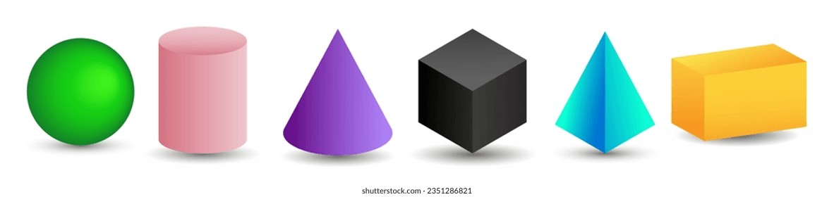 Set of 3d geometric shapes. Isometric views of sphere, cylinder, cone, cube, pyramid and parallelepiped. Vector illustration isolated on white background.
