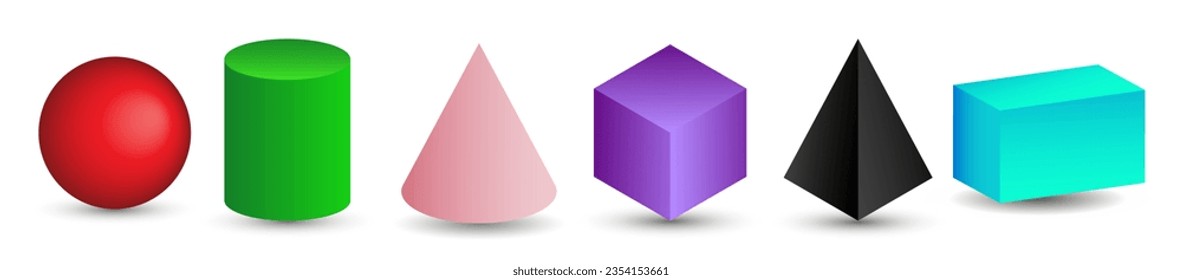 Set of 3d geometric shapes. Isometric views of sphere, cylinder, cone, cube, pyramid and parallelepiped. Vector illustration isolated on white background.