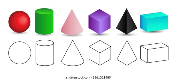 Set of 3d geometric shapes. Isometric views of sphere, cylinder, cone, cube, pyramid and parallelepiped. Vector illustration isolated on white background.