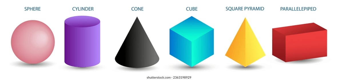 Conjunto de formas geométricas 3d. Vistas isométricas de esfera, cilindro, cono, cubo, pirámide y paralelepípedo. Ilustración vectorial aislada en fondo blanco.