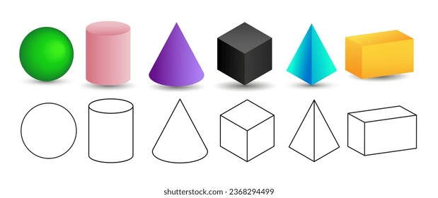 Set of 3d geometric shapes. Isometric views of sphere, cylinder, cone, cube, pyramid and parallelepiped. Vector illustration isolated on white background.