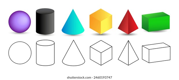 Set of 3d geometric shapes. Isometric views of sphere, cylinder, cone, cube, pyramid and parallelepiped. Vector illustration isolated on white background.