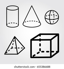 Set of 3D geometric shapes. Isometric views. The science of geometry and math. Linear objects isolated on white background. Outline. Vector illustration.