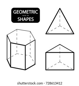 Set of 3D geometric shapes. Isometric views. The science of geometry and math. Linear objects isolated on white background. Outline. Vector illustration.