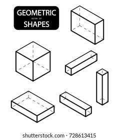Set of 3D geometric shapes. Isometric views. The science of geometry and math. Linear objects isolated on white background. Outline. Vector illustration.