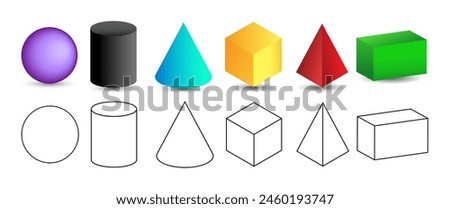 Set of 3d geometric shapes. Isometric views of sphere, cylinder, cone, cube, pyramid and parallelepiped. Vector illustration isolated on white background.