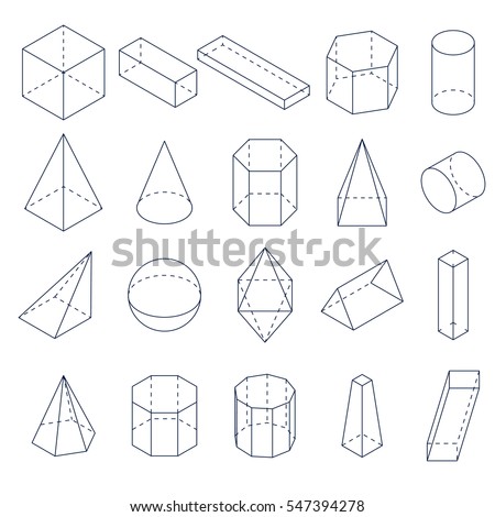 Set of 3D geometric shapes. Isometric views. The science of geometry and math. Linear objects isolated on white background. Outline. Vector illustration.