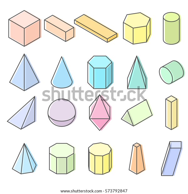 3d図形のセット アイソメビュー 幾何学と数学の科学 白い背景にパステルのカラーフルオブジェクト フラットスタイル ベクターイラスト のベクター画像素材 ロイヤリティフリー