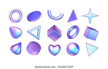 Set of 3d geometric shapes with metal hologram effect. Chrome glossy circles, cubes, triangles, star, blob, cylinder. Neon gradient cartoon futuristic objects. Vector cartoon y3k illustration.