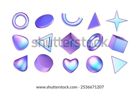 Set of 3d geometric shapes with metal hologram effect. Chrome glossy circles, cubes, triangles, star, blob, cylinder. Neon gradient cartoon futuristic objects. Vector cartoon y3k illustration.