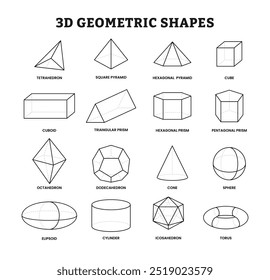 Set of 3d geometric shapes name collection for kids education or isolated geometry figures outline, educational three dimensional items as simple ornament example, learning for children template