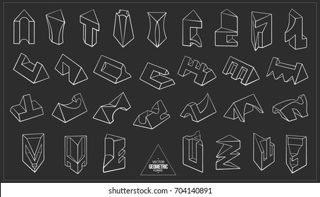 Set of 3D geometric shapes prism designs. Outline objects isolated on black background. Vector collection