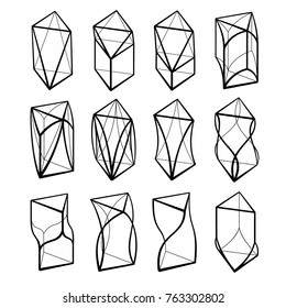 Set of 3D geometric shapes prism designs. Outline objects isolated on white background. Vector collection
