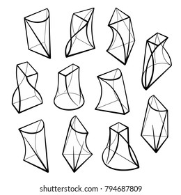 Set of 3D geometric shapes prism designs. Outline objects isolated on white background. Vector collection