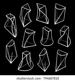 Set of 3D geometric shapes prism designs. Outline objects isolated on black background. Vector collection